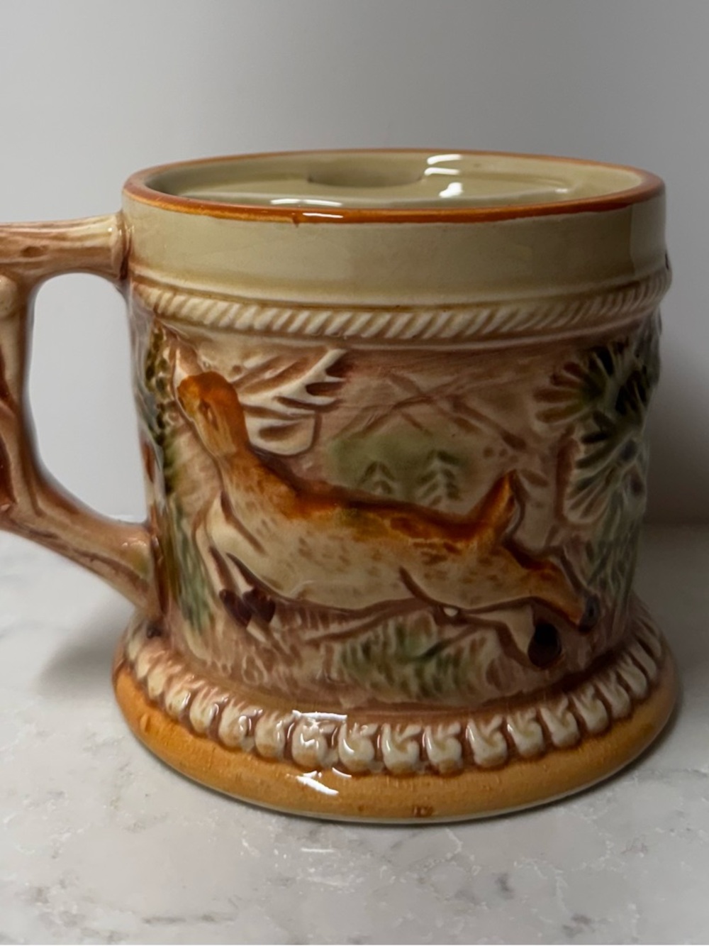 Vintage Mustache Stein Hunting Dog Ceramic Mug in Tan and Cream